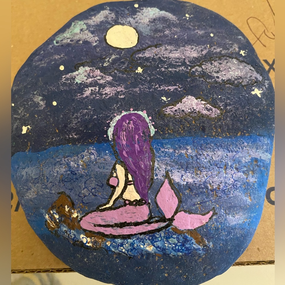 Hand-Painted Mermaid Stone Art - Purple and Blue